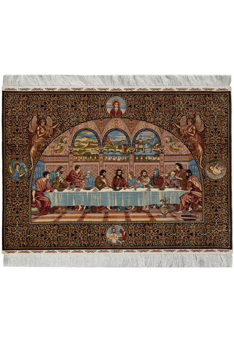 Full rug on white background, Last Supper scene framed by a black and gold scrolling border