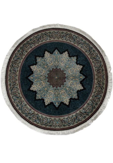 Whole round silk rug on white, turquoise star medallion on black field, ivory fringe encircling it