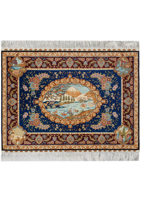 Whole silk rug on white, blue field, oval lake scene, burgundy border, ivory fringes