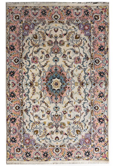 Full overhead view of ivory Tabriz rug with blue medallion and wide salmon pink floral border