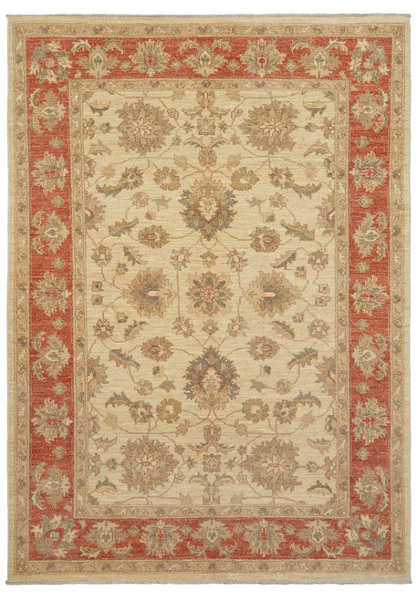Full overhead view of the cream field rug with rust floral border on a white background