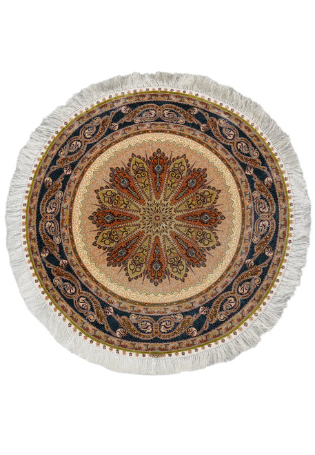 Full round silk rug on white, starburst medallion, dark paisley border and ivory fringe all round