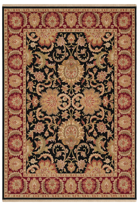 Full overhead view of the rug, black floral field inside a deep red border