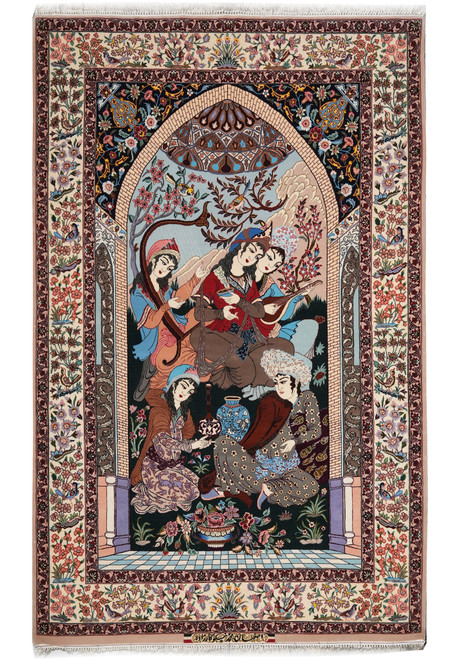 Whole pictorial rug shown flat: six figures beneath a tiled arch inside an ivory floral border