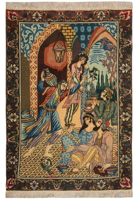 Full flat view of the pictorial rug showing figures, hanging lantern, arched doorway and brown floral border