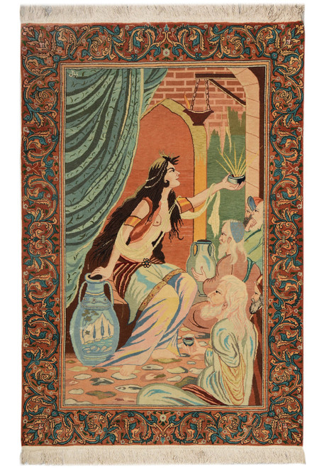 Full view of the pictorial rug showing the kneeling woman, seated elders and rust scrolling border