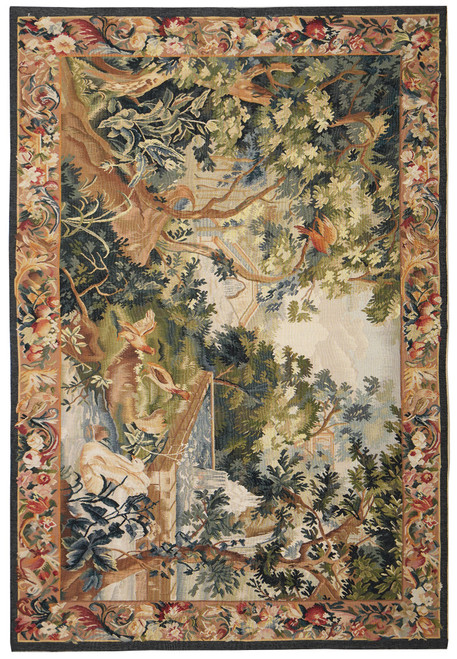 Full view of the wool and silk scenery tapestry with flowering border and dark charcoal binding