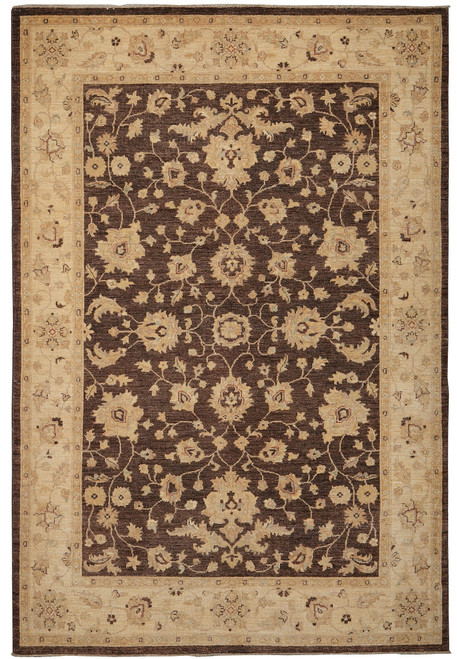 Full flat view of the brown field rug with ivory border and all-over palmette pattern