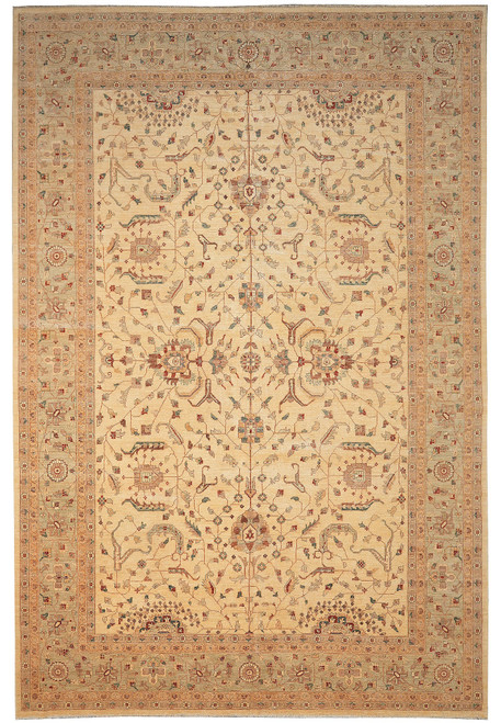 Full view of 12'2 x 18'3 Chobi Ziegler rug with beige field and sage green border