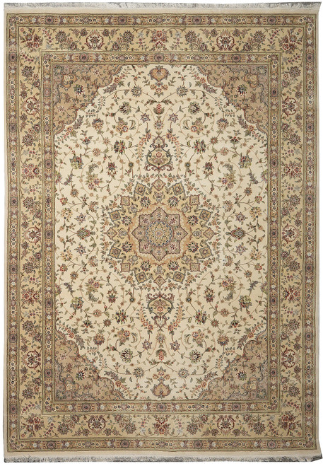 8'9" x 12' Tabriz design rug in ivory with taupe medallion and beige floral border
