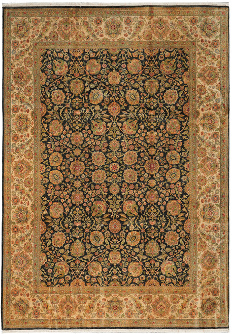 Hand-knotted 9' x 12'2" Jaipur rug with charcoal black floral field and wide beige border