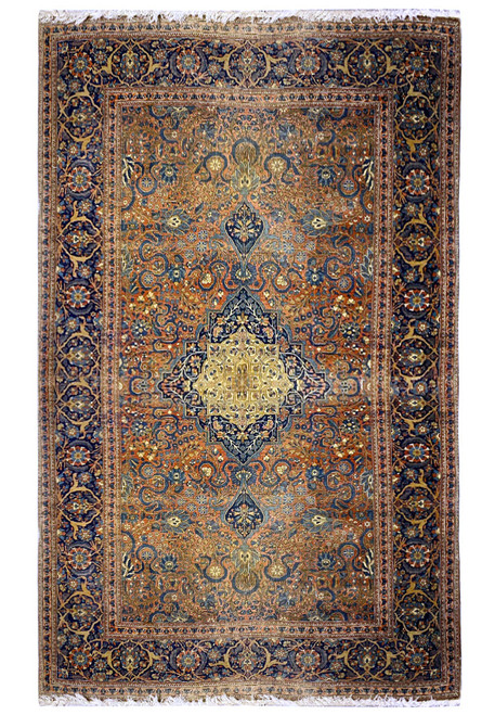 4'3" x 7'1" antique Persian Tabriz rug shown flat, rust field with deep navy border