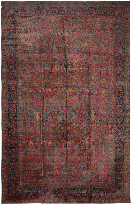 Full overhead view of 13 x 22 antique Persian Kashan rug with red field
