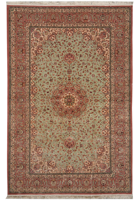 Sage green Persian Isfahan rug with rust floral border and lobed central medallion in wool and silk