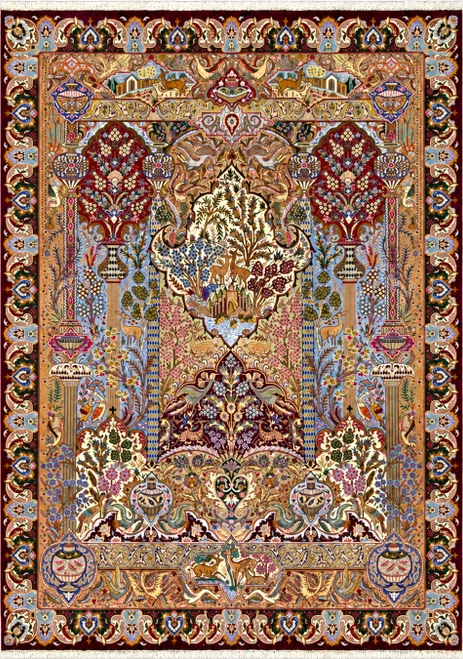 9'7 x 12'8 Persian Kashmar pictorial rug, Garden of Eden landscape with deer, peacocks, columns and castle