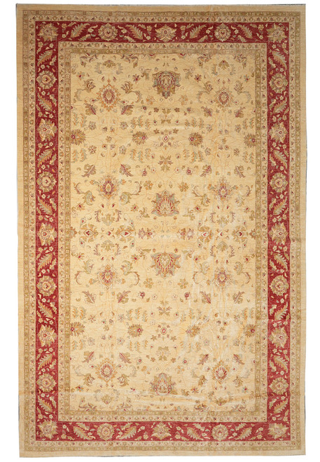Oversize 13x20 Chobi Ziegler rug with beige field, coral floral border and sage green vines