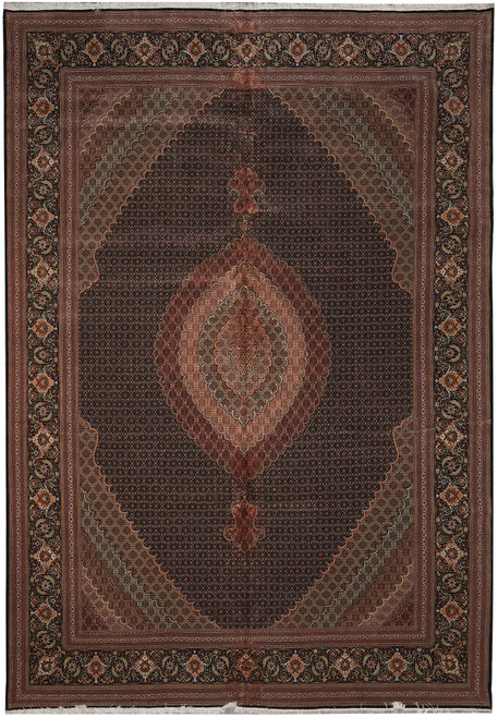 Full overhead view of the 11'6" x 16'6" Persian Tabriz Mahi rug with black Herati field