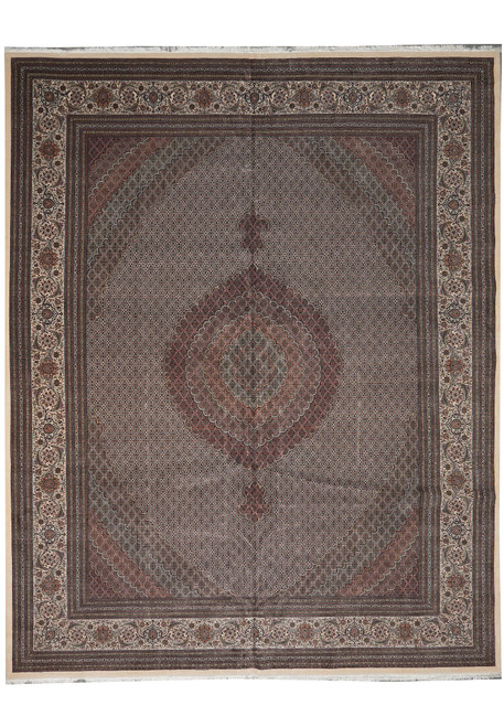 Overhead view of 13x17 Persian Tabriz Mahi rug with ivory herati field and floral border