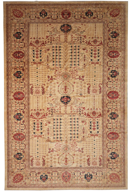 12x18 Zigler Chobi rug shown flat overhead with beige gold field and rust floral border
