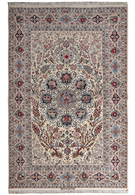 Full overhead view of ivory Persian Isfahan rug with star medallion cluster, birds and blossoming trees