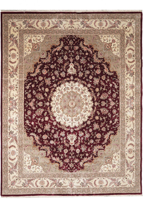 Full overhead view of burgundy 12x15 wool and silk rug with ivory floral medallion border
