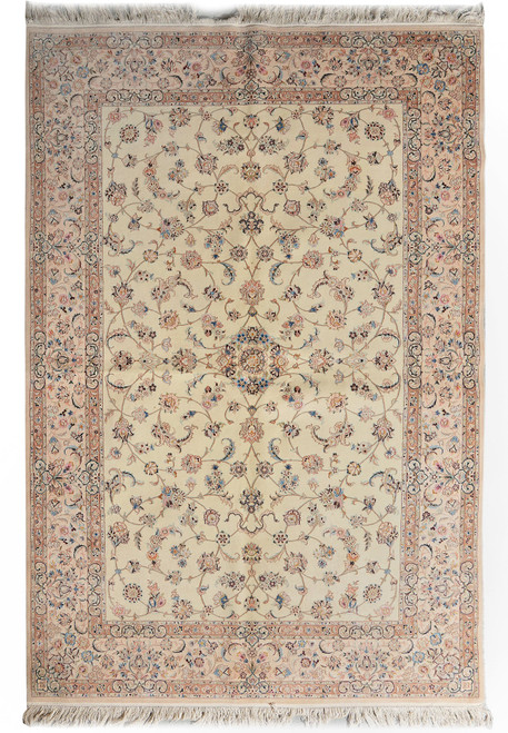 5'2" x 7'8" Persian Isfahan rug with ivory field, all-over floral vines and salmon border