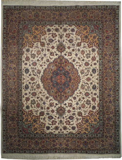 Full overhead view of 8' x 10' ivory Persian Tabriz rug with blue central medallion