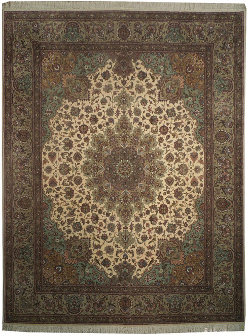 8'2" x 10'1" Persian Tabriz rug with ivory field, sage border and floral medallion
