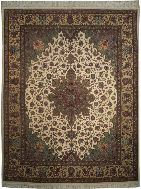 8'2 x 10'1 ivory Tabriz Persian rug photographed flat showing central medallion and gold border