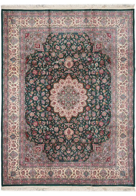 Full overhead view of 9'3" x 12' dark green Tabriz design rug with ivory medallion