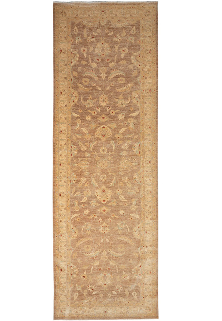Full view of 6'1" x 17'8" Ziegler runner with brown field and gold floral border