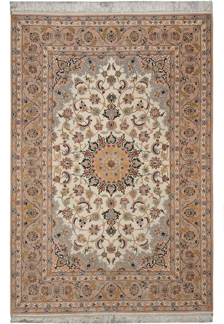 Ivory field Persian Isfahan rug with taupe floral border and gold central medallion, 5x7 size