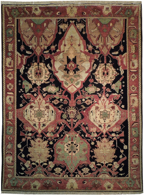 Full view of 9'1" x 12' Ziegler Peshawar rug with black field and rust floral border