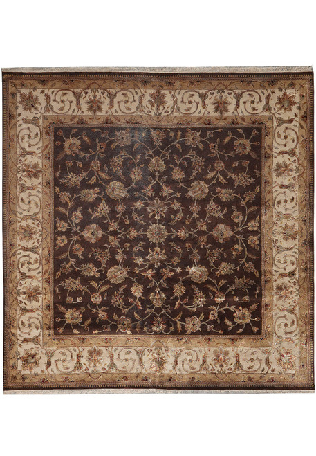 Square 10x10 dark brown Oriental rug with ivory floral border shown flat overhead