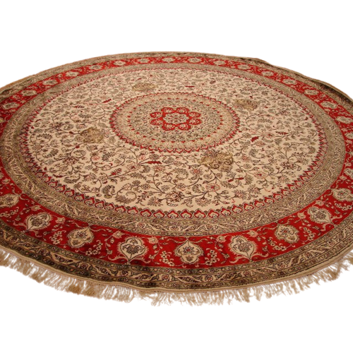 Ivory and red 10' x 10' round silk rug on white, full Tabriz medallion design visible