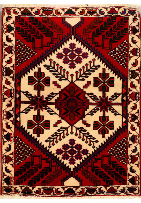 Full view of the 3'6 x 5 Persian Shahsavan rug displaying its intricate design