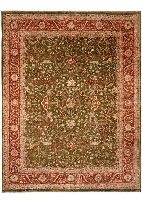 12' x 15'4" Agra rug with olive green field and coral red floral border