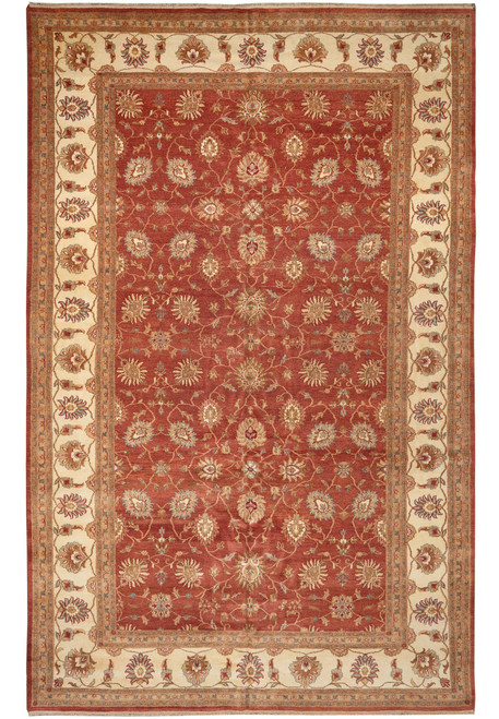 Rust red 11'10 x 18'3 oversize Agra rug with ivory floral border, full overhead view