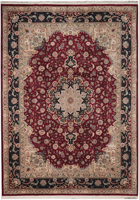 9 x 12 red Oriental rug photographed flat, black medallion, ivory spandrels and floral border