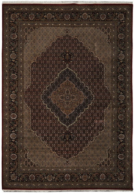 Dark brown 8'1" x 11'1" Tabriz Mahi rug with tan medallion and black floral border