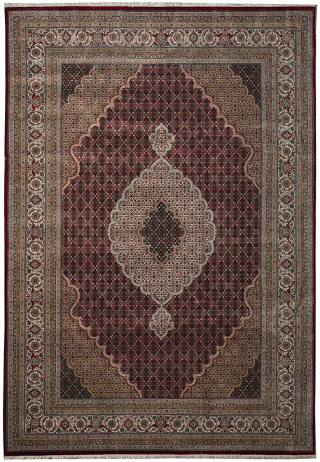 Full overhead view of 8'2" x 11'8" ruby red Tabriz Mahi design wool and silk rug
