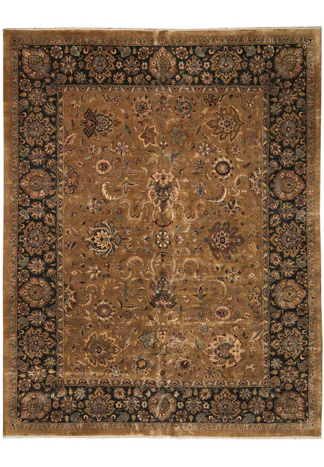 Olive brown Jaipur rug with black floral border and all-over Mughal palmette design, full view