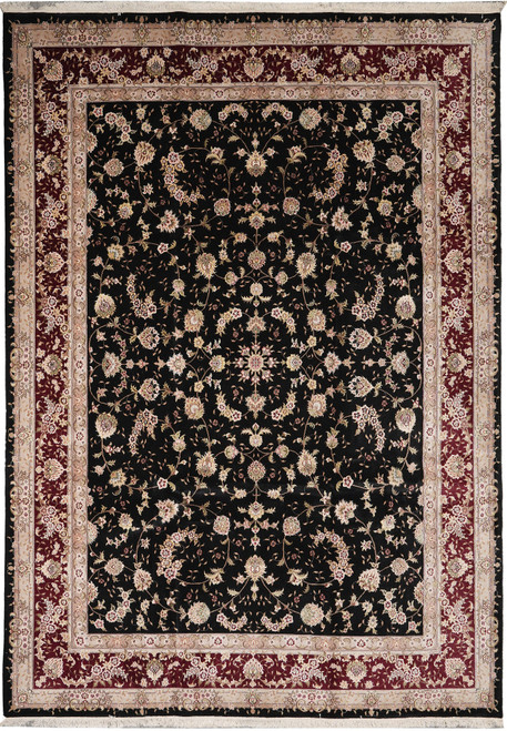 Overhead view of 8'9" x 12'3" black wool and silk Oriental rug with burgundy border