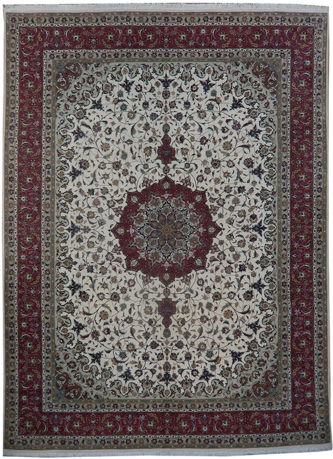 Ivory field Persian Tabriz rug showing rose red star medallion, floral vinework and deep red main border