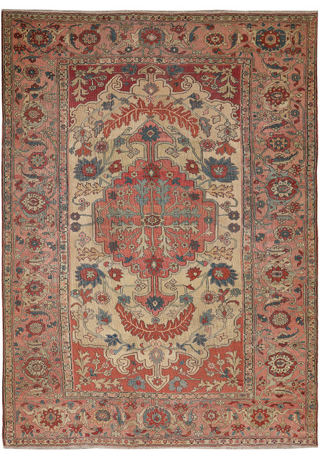 9' x 12' Persian Serapi rug with beige field and salmon stepped medallion, overhead view