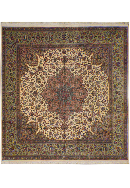 Ivory field Persian Tabriz square rug with rose medallion and sage green floral border