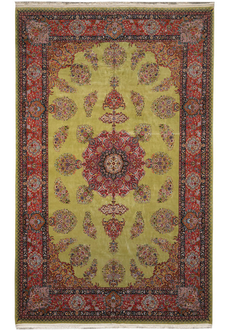 Full view of green field Persian Tabriz rug with red medallion and coral floral border