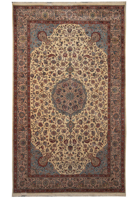 10'2" x 17'8" Persian Tabriz rug with ivory floral field and peach border, full view