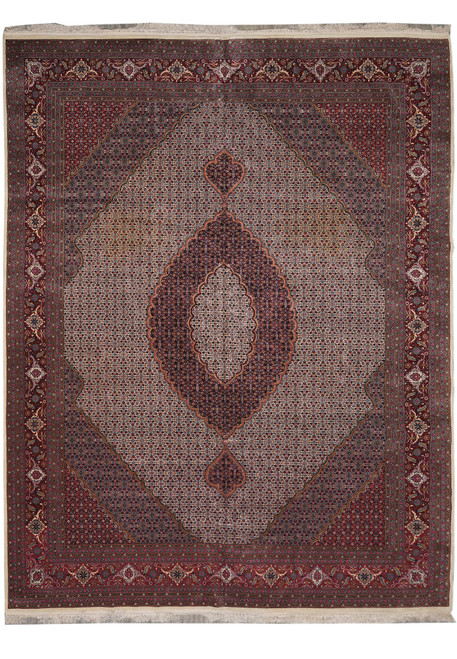 Gray field Mahi Tabriz design Oriental rug with dark medallion and deep burgundy floral border