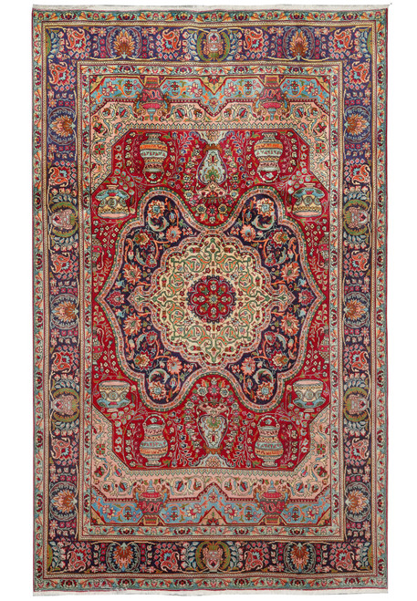 Full view of red and ivory 6'5" x 9'10" Persian Tabriz rug with vase motifs